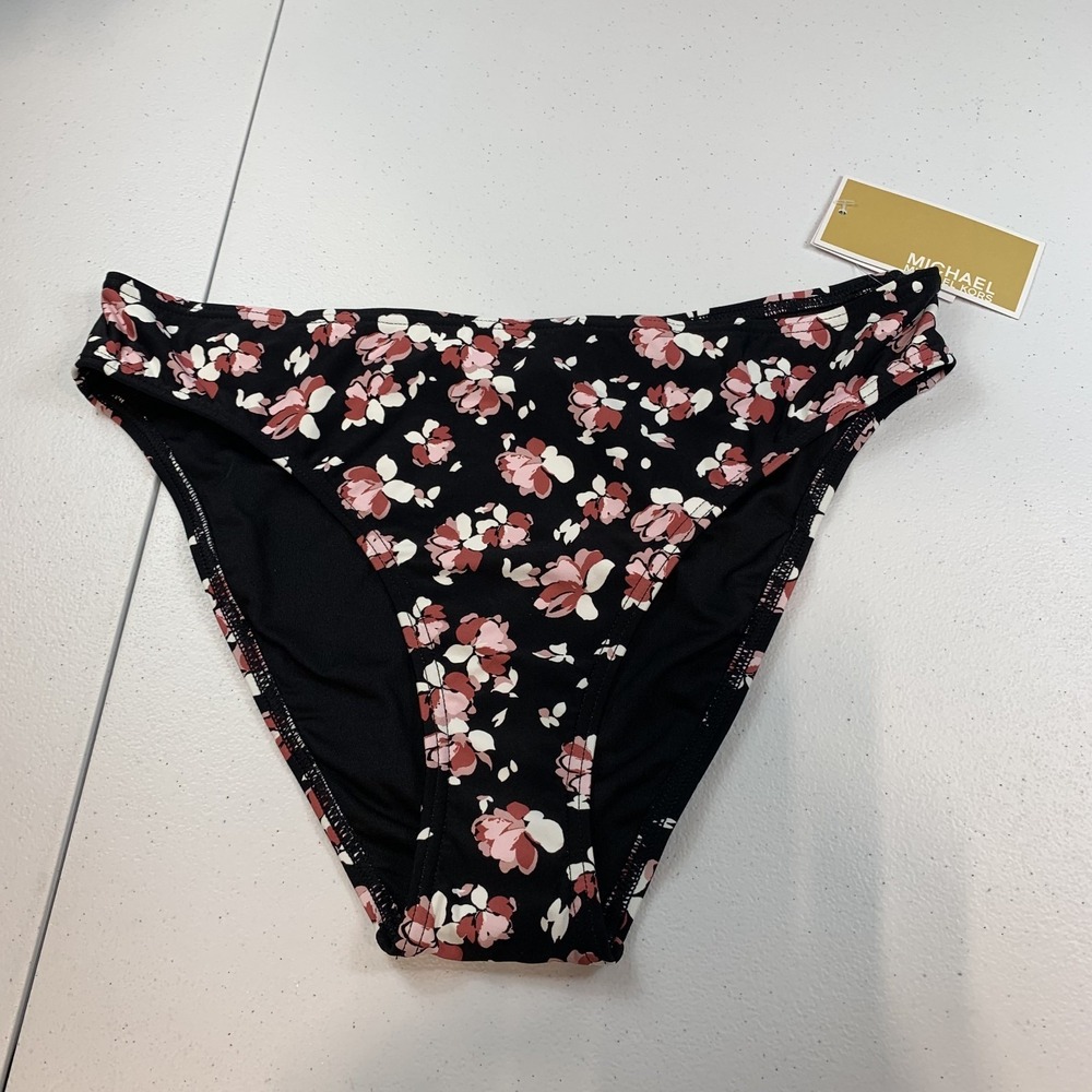 Michael Kors Women's Swim Bikini Bottoms M Dark Dusty Rose Floral Black Swimsuit